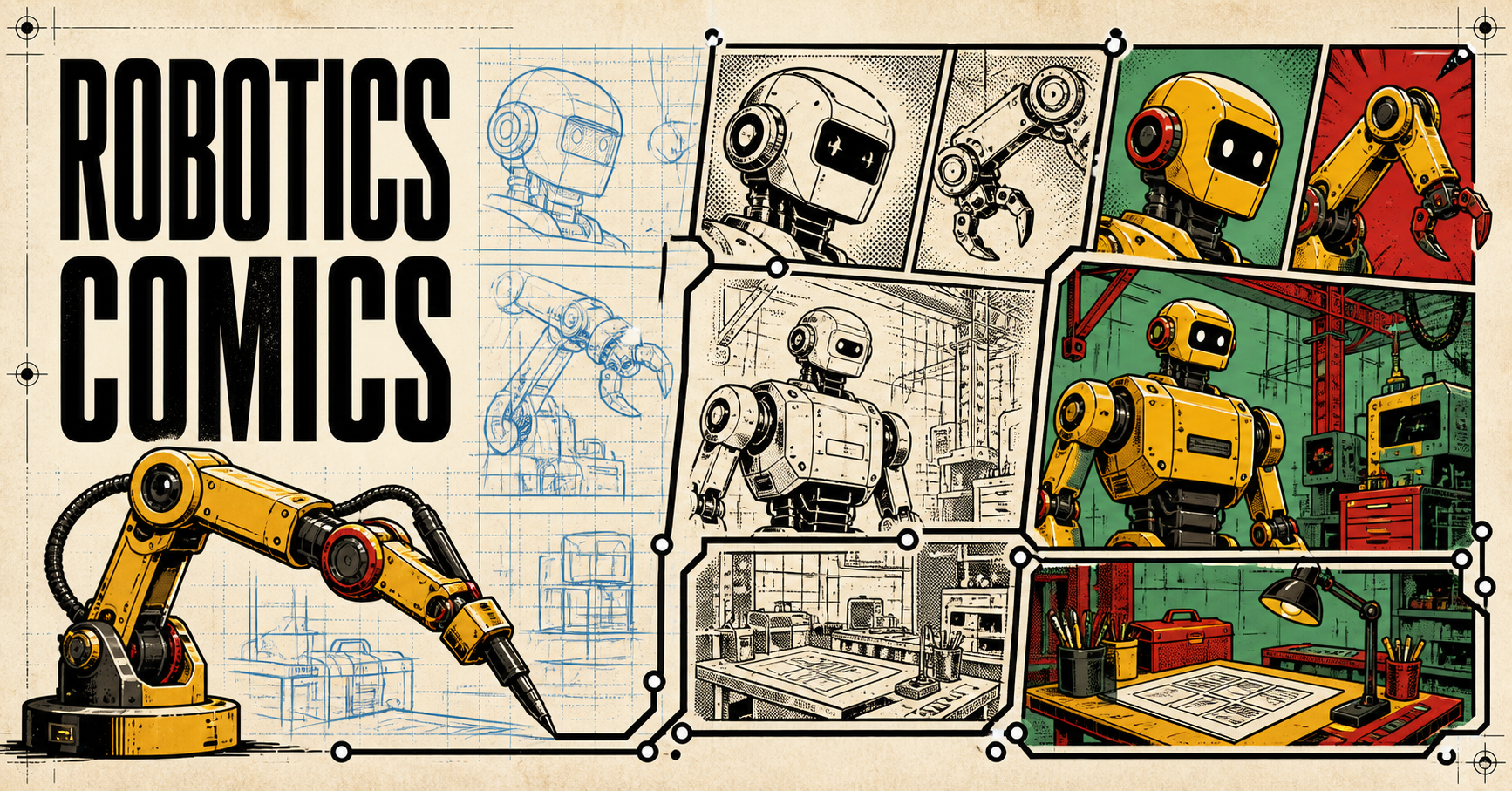A robotics comic progressing from blueprint sketches through ink to full color